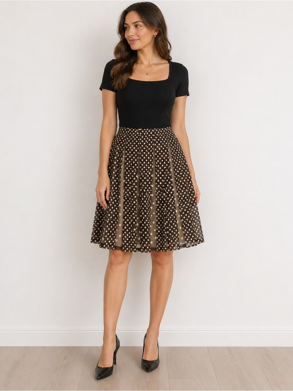 Kay Unger Brown Polka Dot Pleated Skirt Size 4 Sheer Overlay